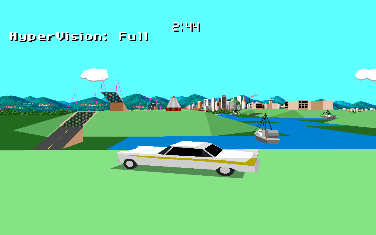 Enhanced Stunts graphics: a white car beside the water, with distant bridges, hills, and a city skyline.